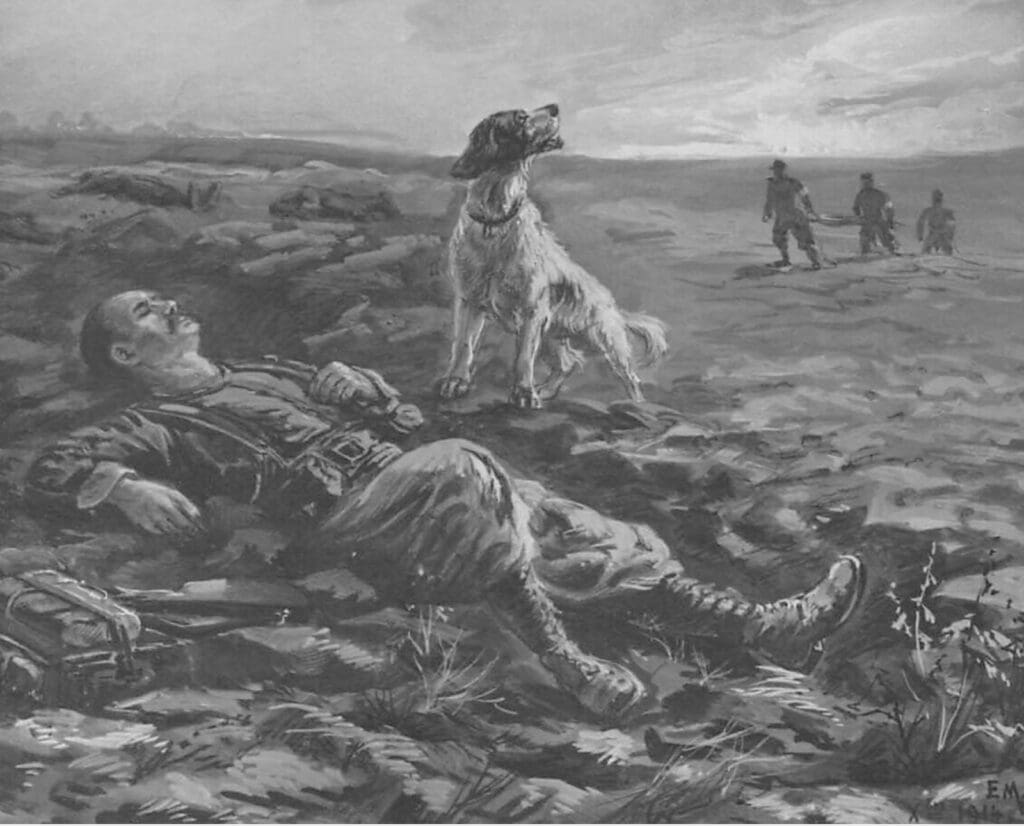 Artwork depicting Fend L’Air the English Setter saving his owner in world war one. 