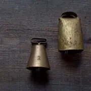 Hunting dog bells on wooden table.