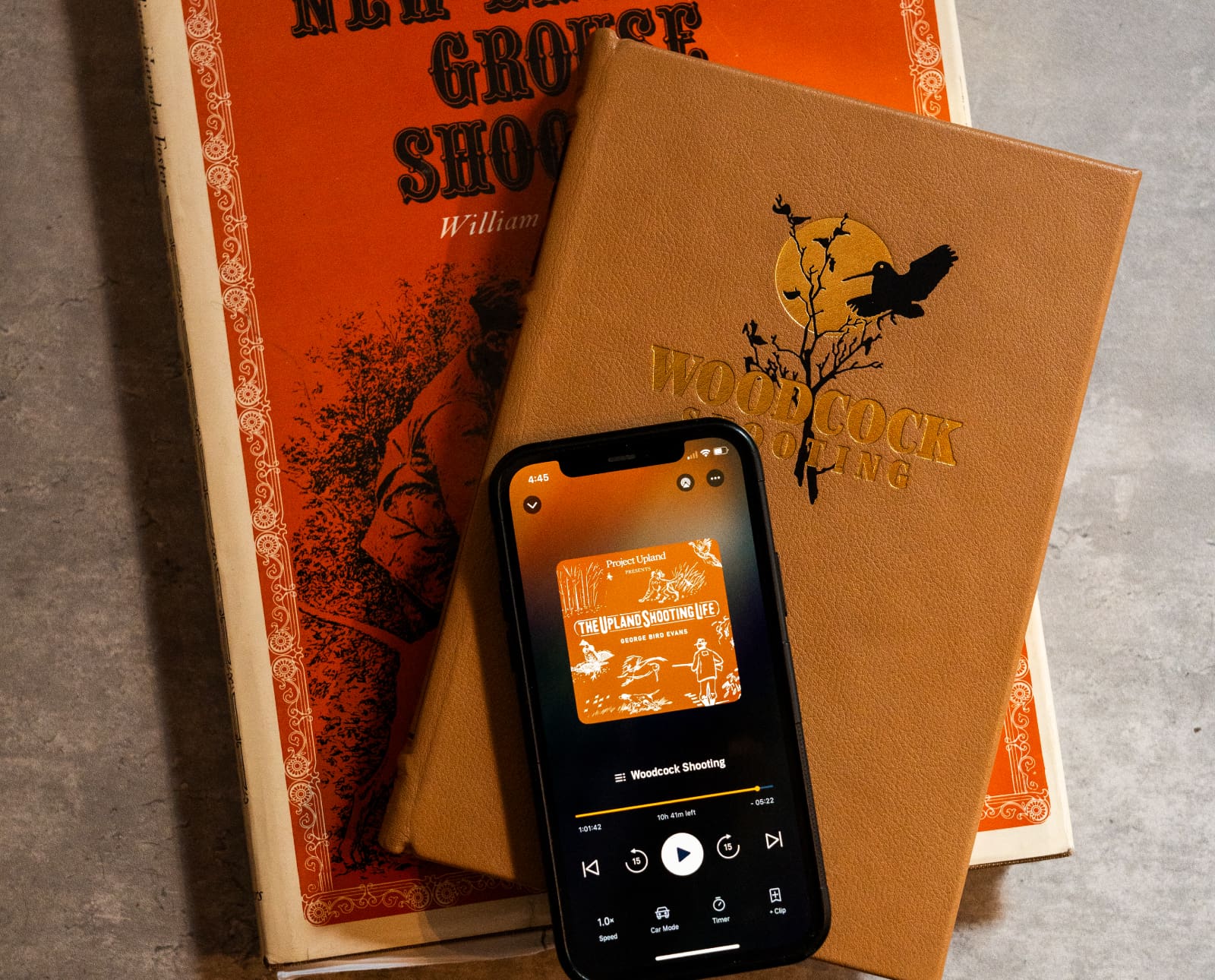 An image of a someone listening to an upland hunting book on Audible.