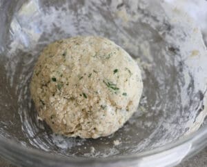 A ball of Knoephla Dumplings dough after being mixed.