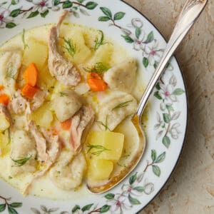 Pheasant Knoephla Dumpling Soup in a bowl, ready to eat.