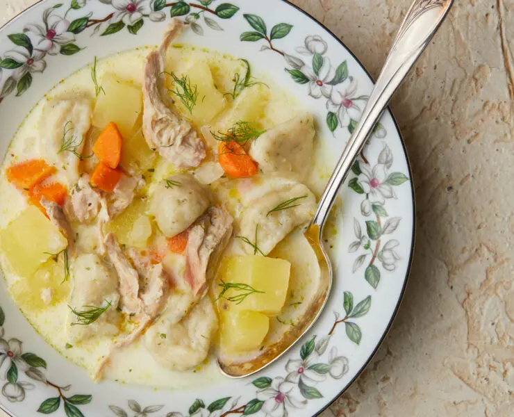 Pheasant Knoephla Dumpling Soup in a bowl, ready to eat.