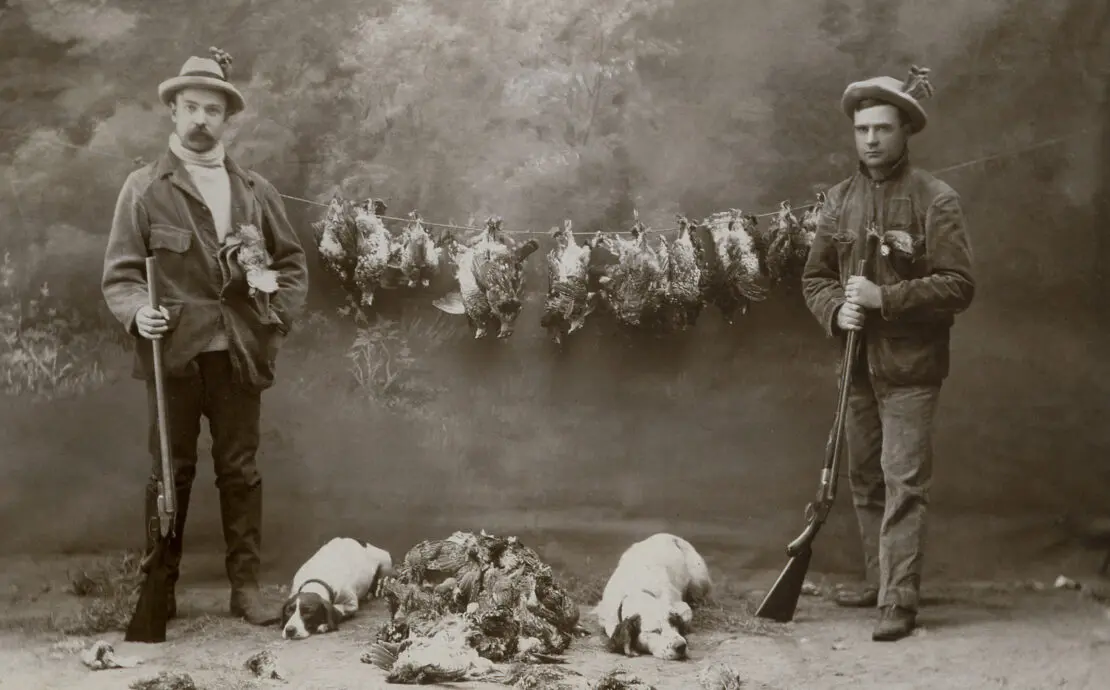 Two American hunters, one with a Pointer and the other with an English Setter.