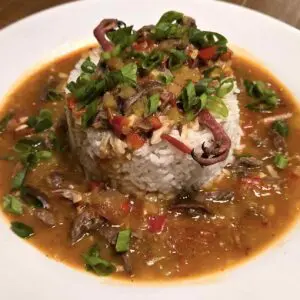 A serving of white rice covered in a sauce and dove meat, served on a white plate