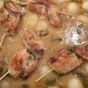 Quail meat on skewers in a wine broth