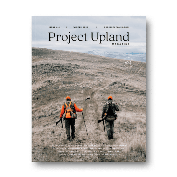 The cover of the Winter 2024 Project Upland Magazine features a father and son hunting with a Small munsterlander for wild chukar in the west.