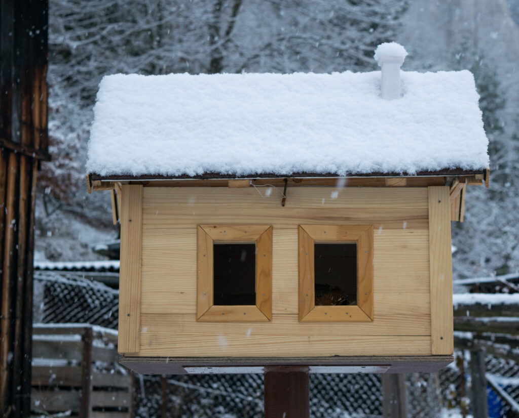 A wintersized quail hutch in the snow. 