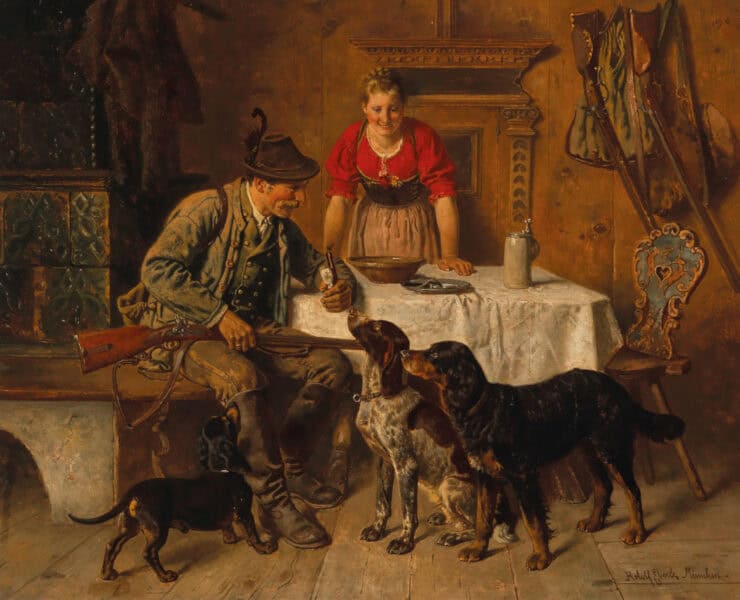 Historic painting of a hunter with various dog breeds in Germany.