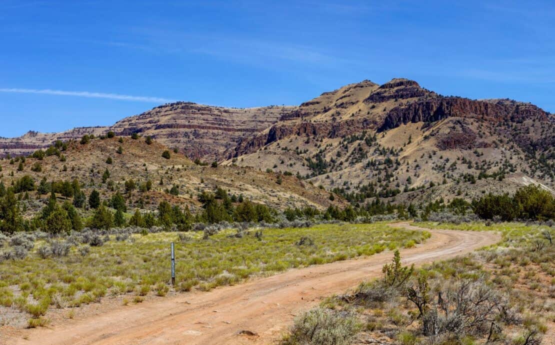 A road winds down grassy and rocky hills on BLM land in Utah.