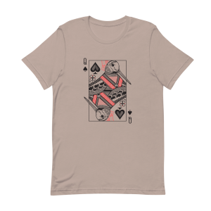 A shirt featuring a woodcock design in a queen playing card.