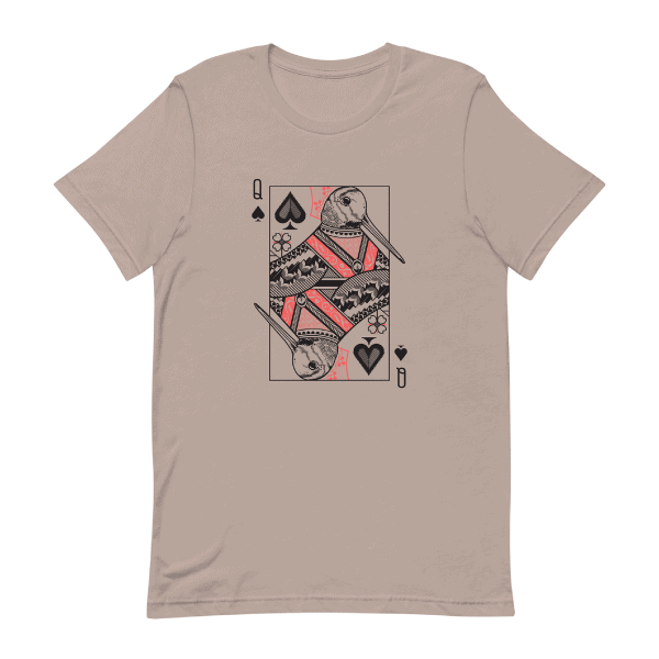 A shirt featuring a woodcock design in a queen playing card.