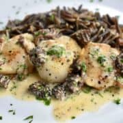 Three walleye cheeks in a creamy sauce, served alongside wild rice, on a white plate.