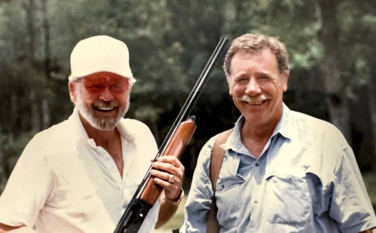 Outdoor writers Bob Brister (right) and Gene Hill (left) at the Highland Bend US National Sporting Clays Championship.