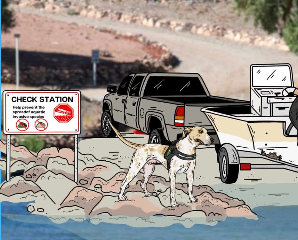 An illustration of Fin the mussel detection dog looking at invasive mussels on a boat at a boat check station.