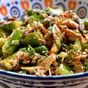 Shredded grouse meat and smacked cucumbers are tossed with an Asian sesame dressing and served in a colorful bowl
