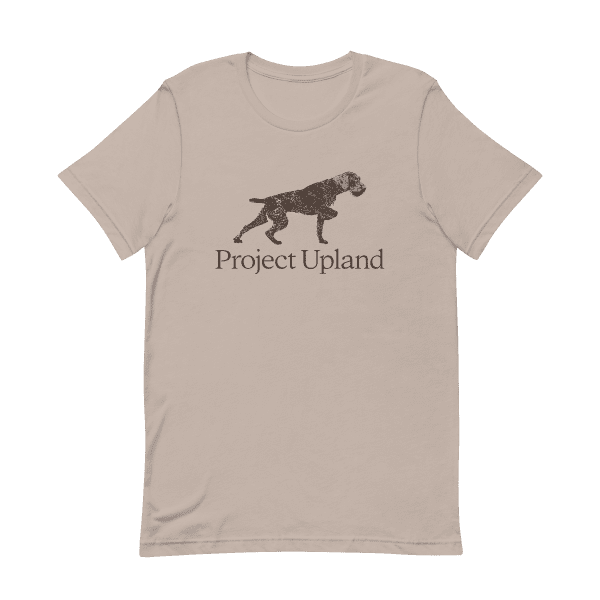 German-Wirehiared-Pointer-T-shirt A German Wirehaired Pointer on an elegant point on a tan t-shirt