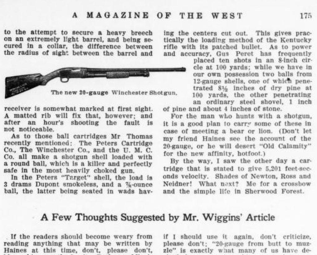 Outdoor Life article from 1913 on the new 20-gauge version of the Winchester model 12. 