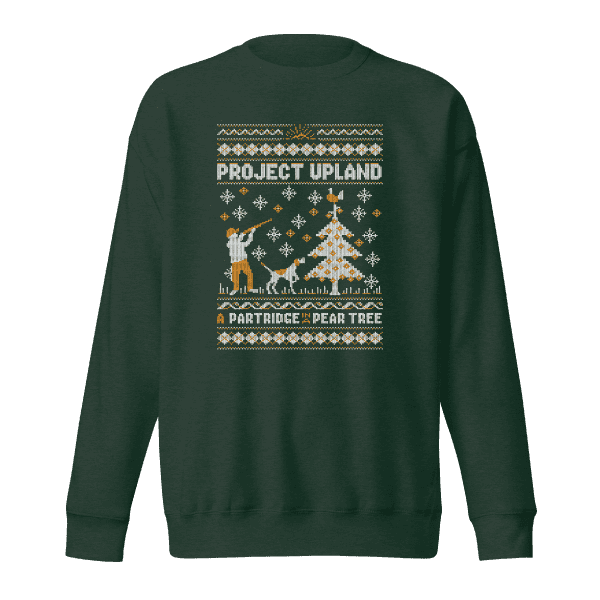 Partridge-in-a-pear-tree-Green-sweater Partridge in a Pear tree holiday sweater design in green.