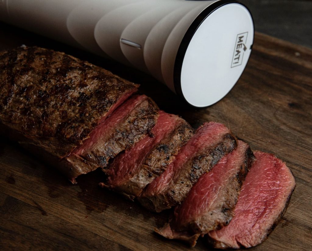 A venison steak perfectly cooked using sous vide.