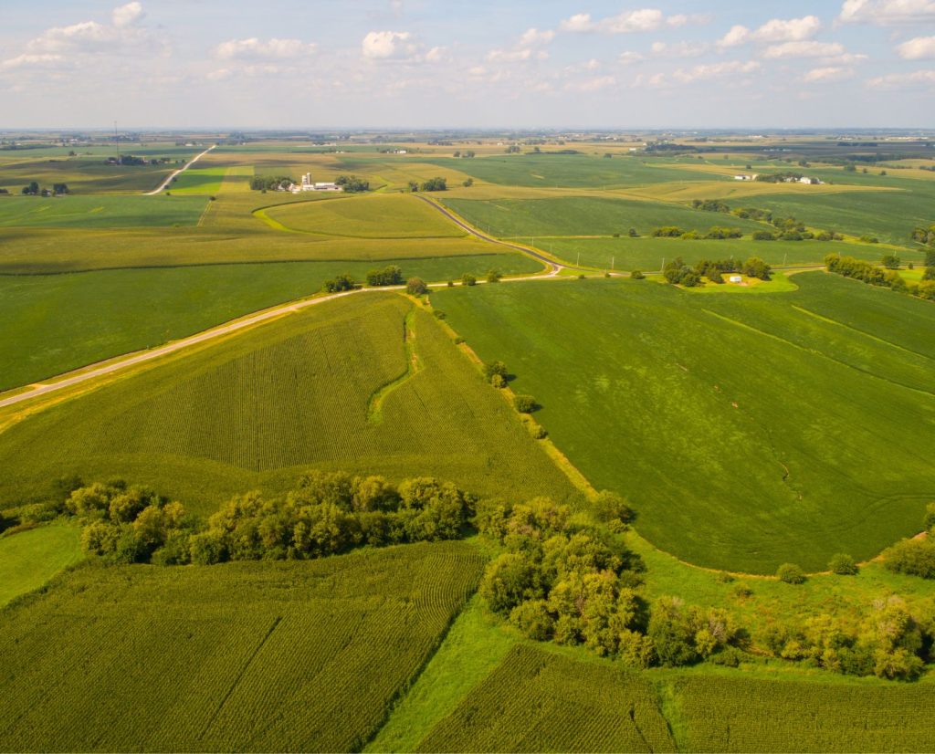 An aerial view of agricultural land in Iowa.