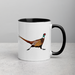 A ringneck pheasant mug on a coffee table.
