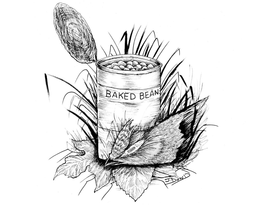 An illustration of a ruffed grouse next to a can of baked beans.