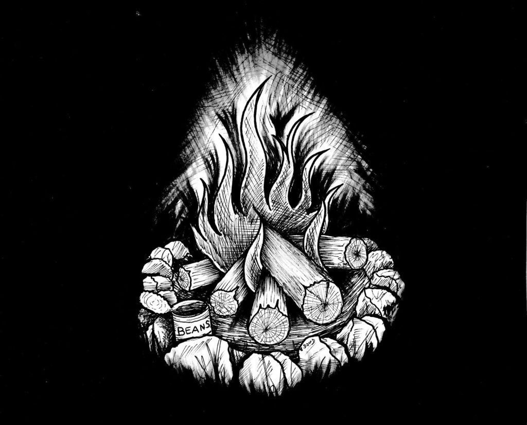 An illustration of a burning campfire with a can of beans in it.