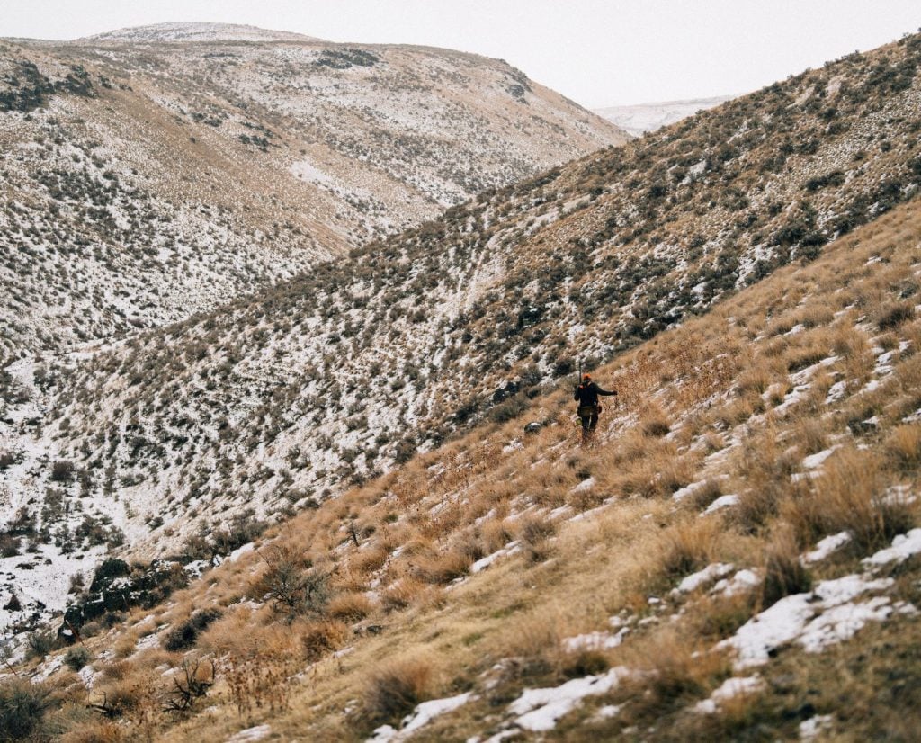 A bird hunter walks in steep chukar country.