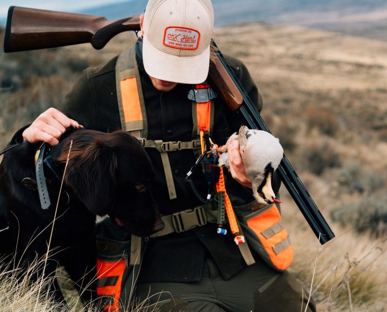 An upland hunter holds a chukar next to a Deutsch Langhaar.