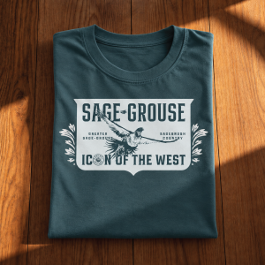 Sage-Grouse-T-shirt-folded Sage grouse T-shirt folded on a wood surface.