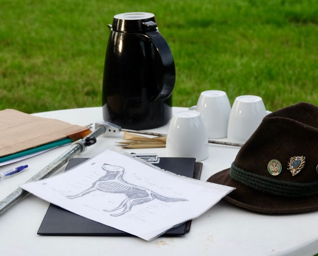 German hunting dog test supplies on a table at a Schorlemer test in Germany for Deutsch Langhaars.