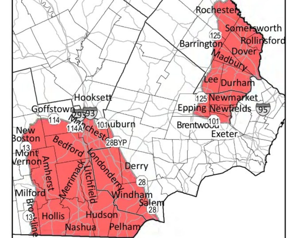 A map of New Hampshire's closed rabbit hunting areas from New Hampshire Fish and Game.
