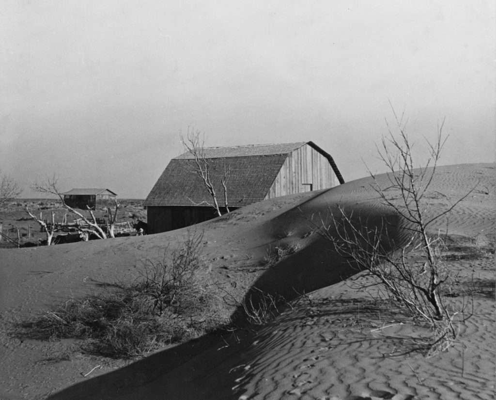 An abandoned farm in Kansas during the Dust Bowl captured by photographer Arthur Rothstein, Library of Congress Prints & Photographs Division, LC-USF34-002505-E LOT 426.