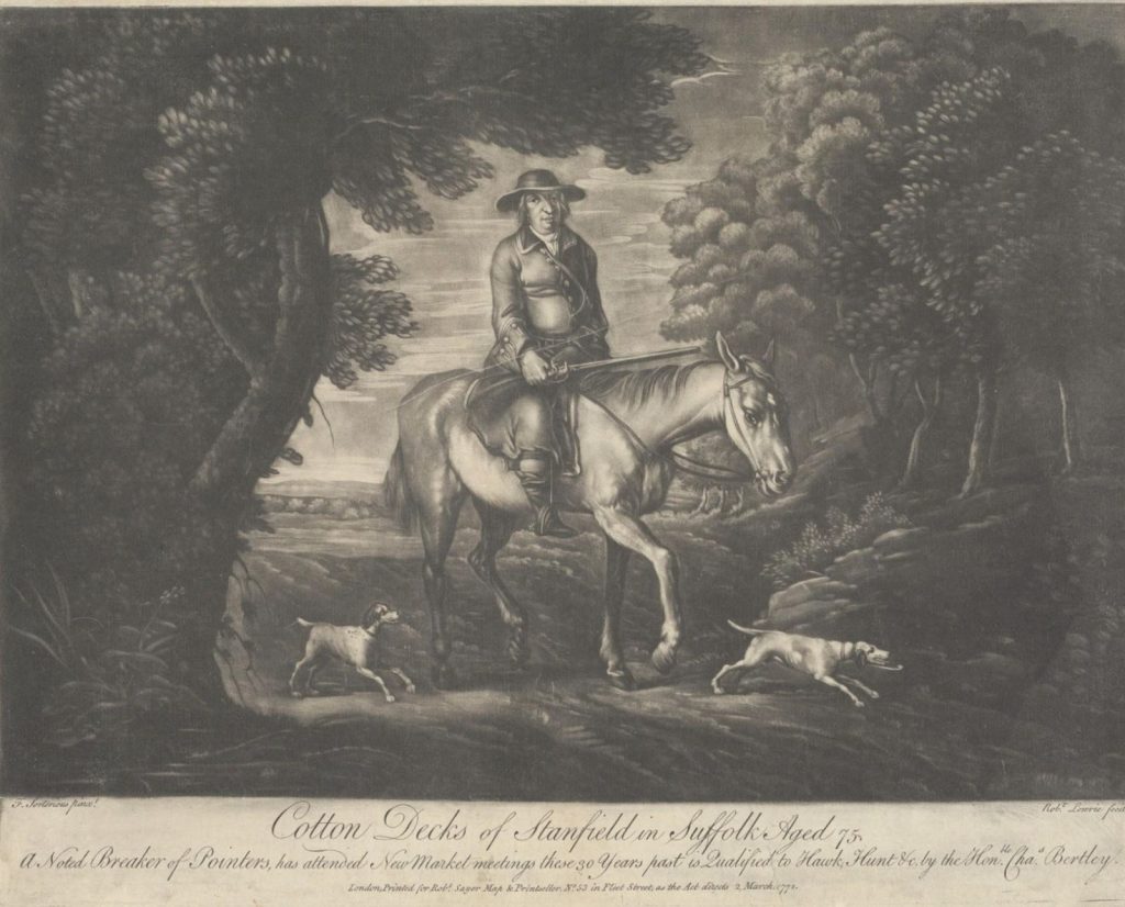An engraving of a hunter riding a horse with two bird dogs in 1772.