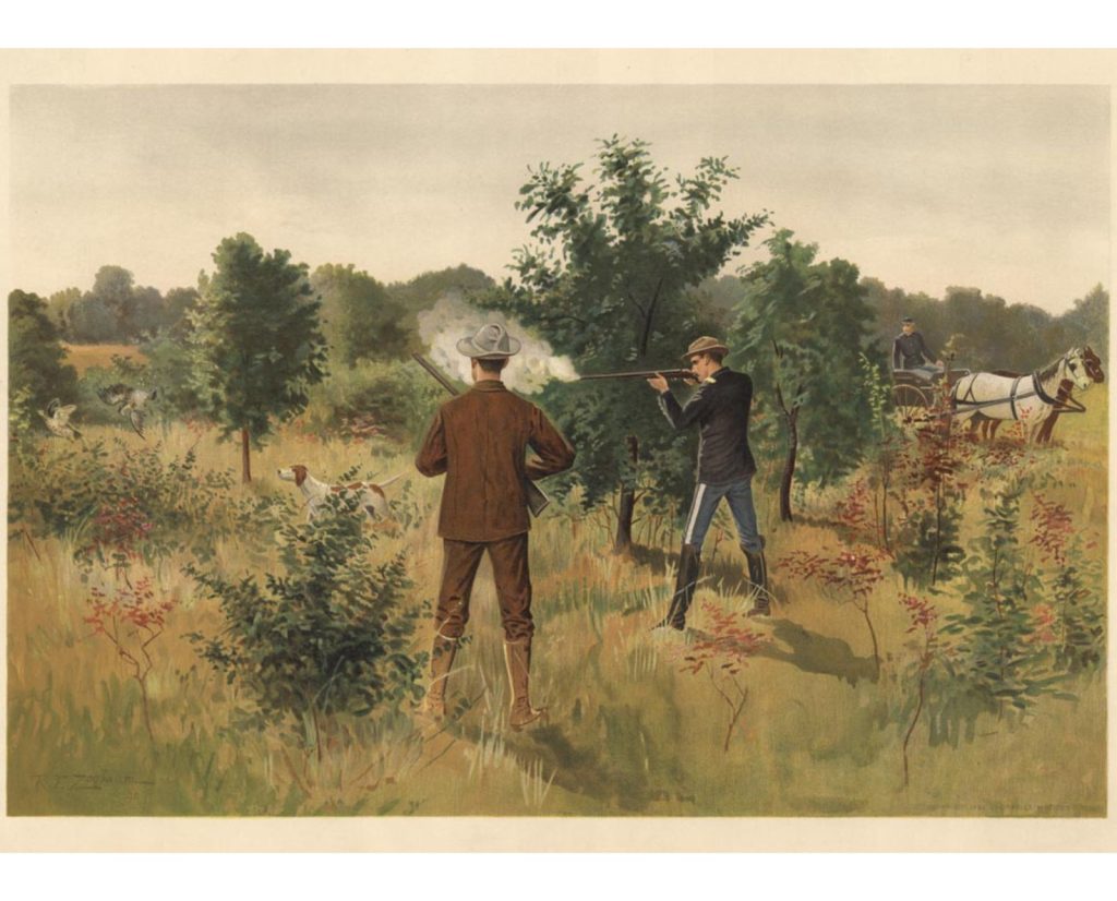 Two hunters shoot over a pointing dog after arriving at a hunting spot via a horse drawn cart.