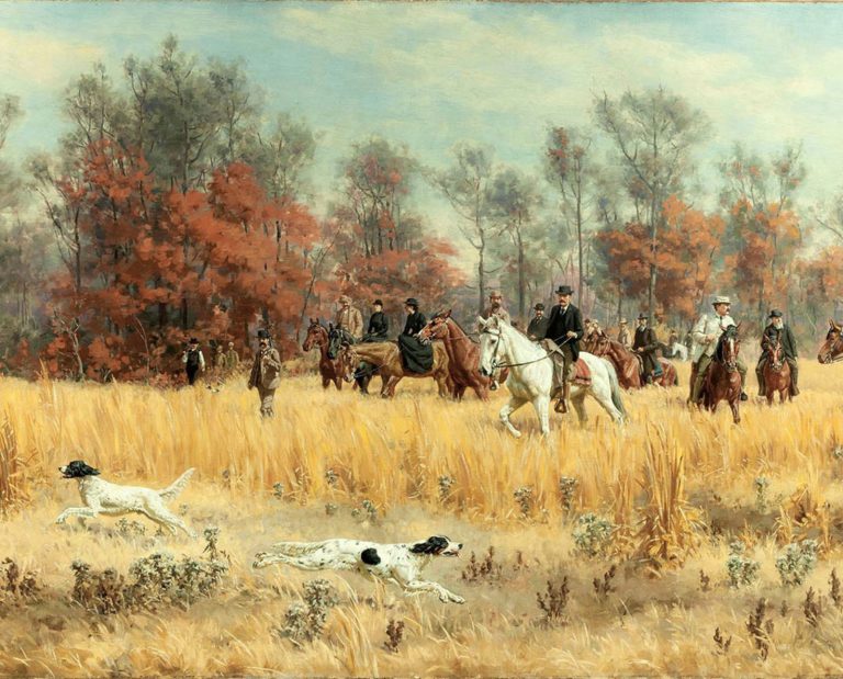 Hunting dogs and horses depicted in a painting hunting together.