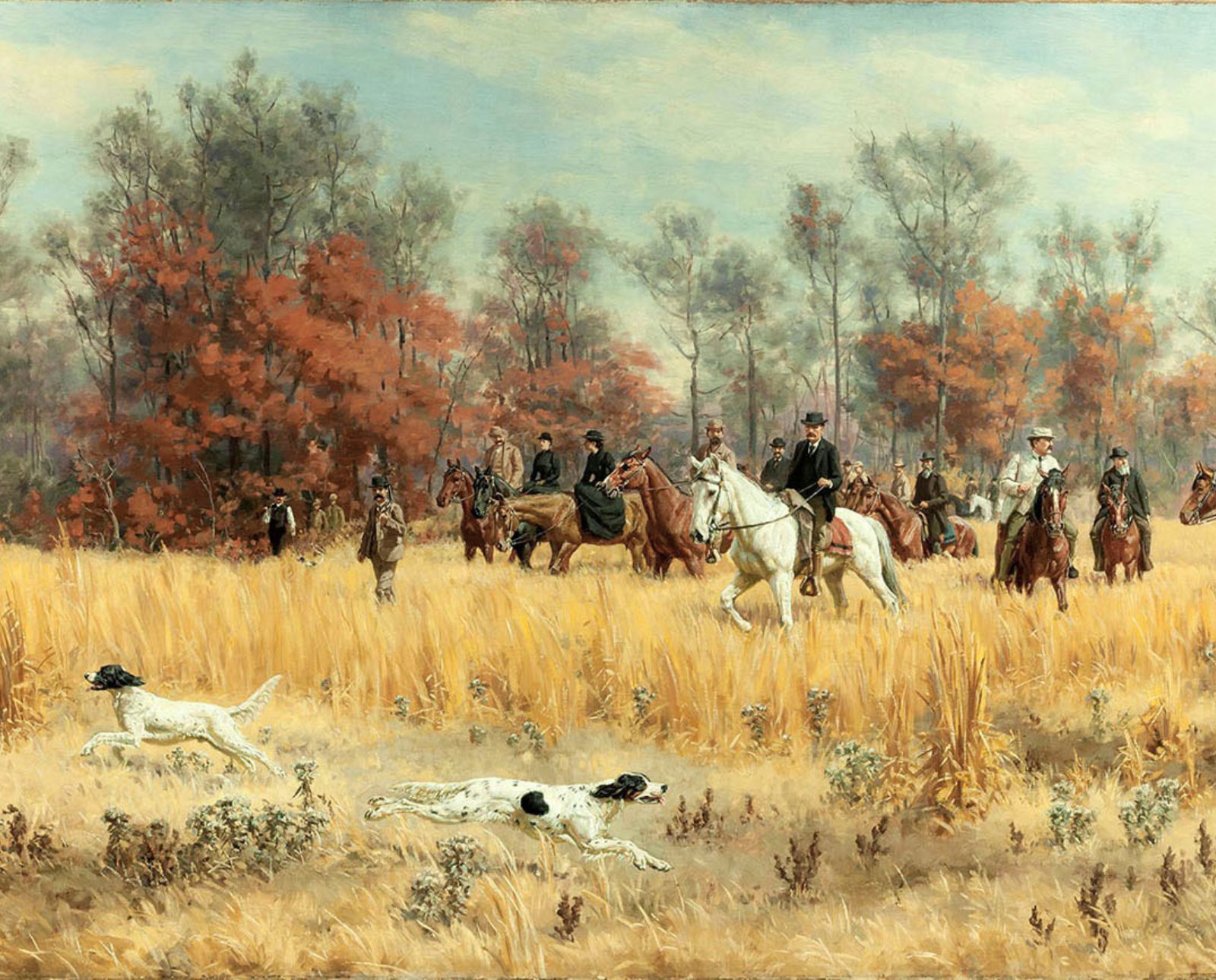 Hunting dogs and horses depicted in a painting hunting together.