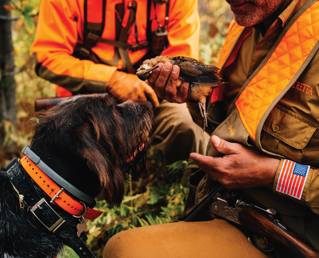 A hunter holds a woodcock with a pointing dog standing next to him. 