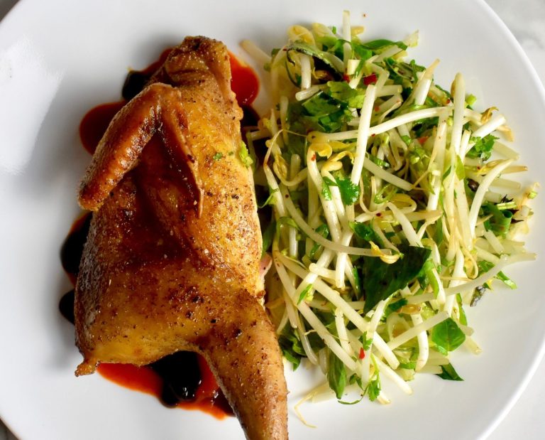 chukar meat flavored with pho spices with a side of fresh bean sprout salad.