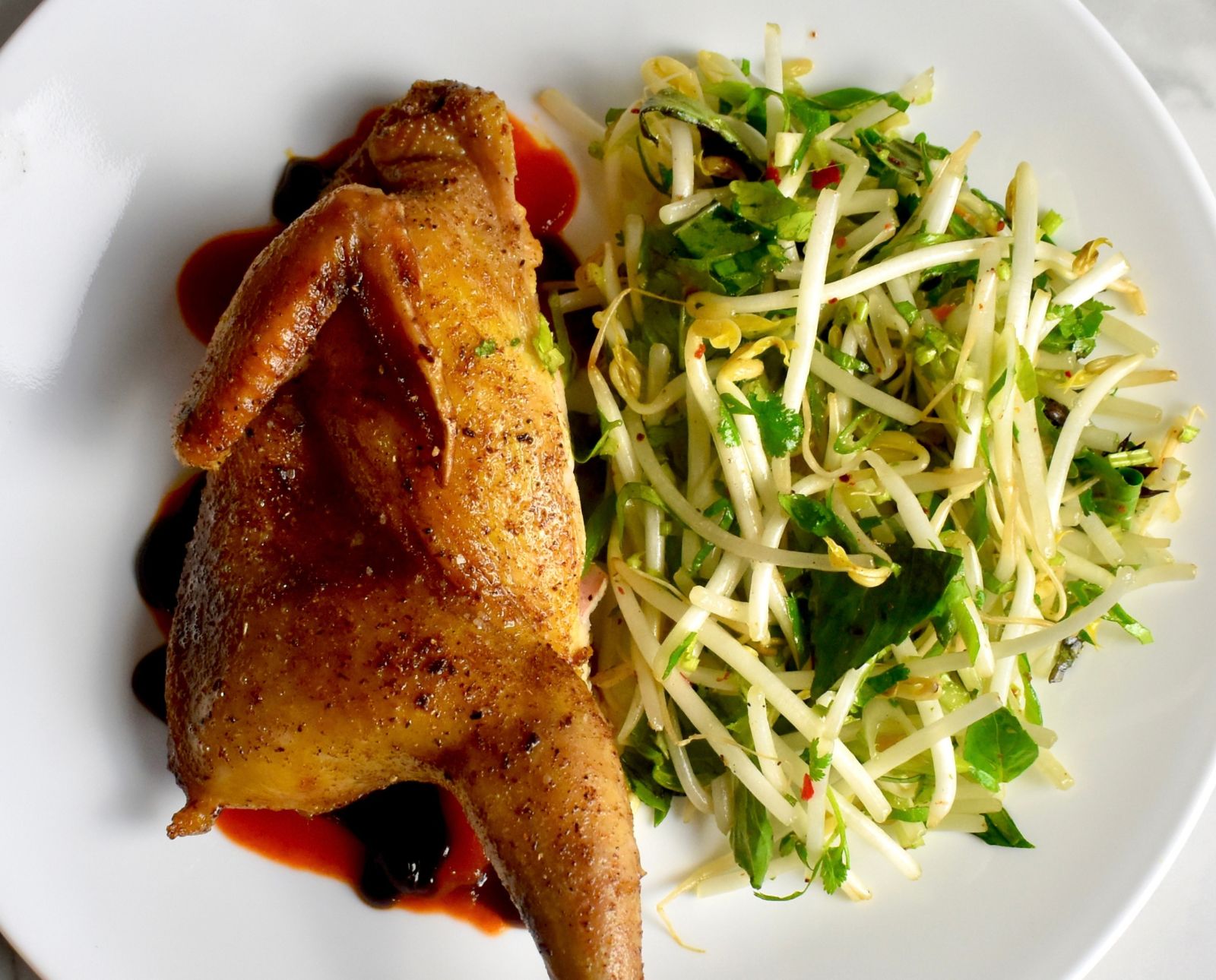 chukar meat flavored with pho spices with a side of fresh bean sprout salad.