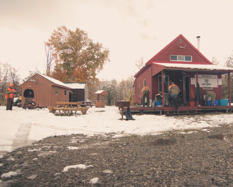 a small game hunting camp in new york with ruffed grouse.